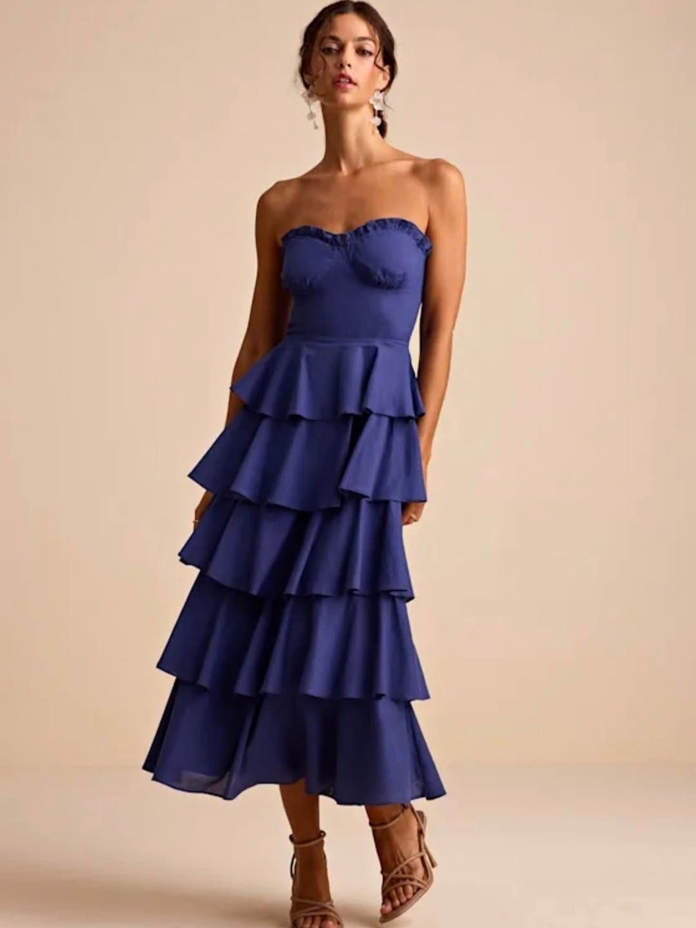 Lulus Nayha Blue Strapless Tiered Midi Dress
